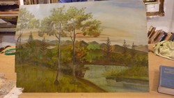 R/ without marking, oil/cardboard painting, stream trees