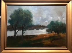 Tímár József: Ezüstös Dunapart című, meseszép képcsarnokos festménye