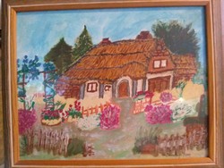 Naiv festmény akvarell 1999 Ház virágoskerttel
