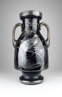 0X734 Antik ezüstözött pávadíszes üveg váza 30 cm