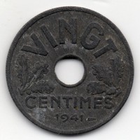 Franciaország Vichy kormány VINGT (20) francia centimes, 1941