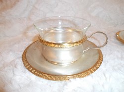 Ezüstözött - aranyozott fém csészealj 13 cm + csésze 8 x 4 + 3 cm fül - hőálló jénai betét