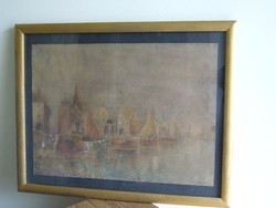 49x39-41x30cm Kikötői csendélet szignozott festmény