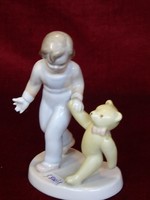 Aquincum porcelain figural sculpture. Little girl with a teddy bear. He has!