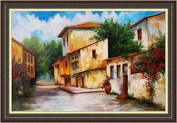 Mediterranean street with flowers 2 oil paintings in a nice frame with free home delivery