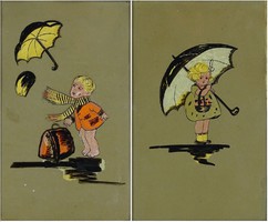 0Y331 Old Glass Painting of a Child Pair