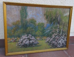 Antik festmény - pasztell kép - virágos kert 
