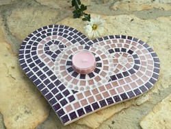 Unique handmade gift: pastel pink and purple heart candle holder mosaic centerpiece