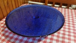 Antik üveg tortatartó, tortatál, kék színű talpas üveg kínáló tál