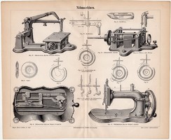 Varrógépek, egyszínű nyomat 1888, német nyelvű, eredeti, varrás, varrógép, gép, tű, régi