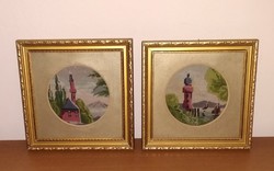 2 db antik, gobelin, goblen, goblein, "Világítótorony" fali kép üvegezett keretben egyben eladó