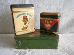3 db nagyon régi fém doboz: közértes kávé és tea, antik Singer 15 varrógép doboza