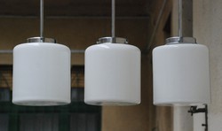 Bauhaus - Art deco menyezeti lámpa trió felújítva - tejüveg henger búra 