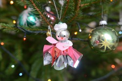 Retro zsenília karácsonyfadísz - virágtündér angyal karácsonyi figura - régi karácsonyfa dísz