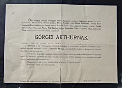 Görgei Arthur, 1916 Budapest gyászjelentés