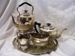 Ezüstözött, ritka, antik, klasszikus angol, spirituszégős vízmelegítővel tea vagy kávé szervírozó