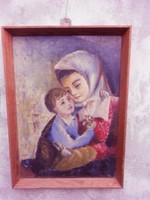 Anya gyermekével olaj, vászon festmény. Ismeretlen alkotó műve. Szignó nélkül. Kerettel együtt.