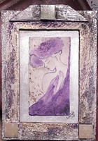 Hölgy lila lepellel. 20x13cm kerettel. A kép parafán van.Károlyfi Zsófia Prima díjas alkotó műve.
