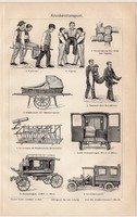Betegszállítás, egyszínű nyomat 1905, német nyelvű, eredeti, beteg, sérült, mentő, betegszállító