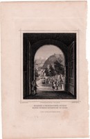 Kilátás a várkapuból Budán, acélmetszet 1859, Hunfalvy, Rohbock, J.M. Kolb, eredeti, Buda, Pest