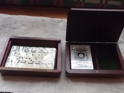 2 Board games in one card and dominoes in a wooden box