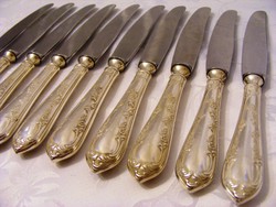 Fenséges, ezüstözött nyelű, jelzett kés készlet 10 személynek, gyönyörű mintájú markolattal