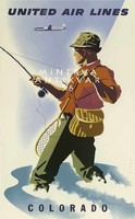 Horgászat Colorado United Airlines utazási plakát. Vintage/antik reklám plakát reprint