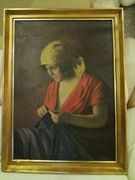 Glatter Ármin : "Varró nő piros ruhában" olaj vászon eredeti festmény