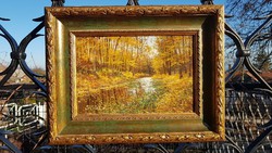 Simon Zoltán: Olaj festmény, faroston, őszi erdei tájkép, patakkal, aranyos képkeret.