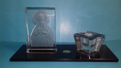 KIS PÉNZÉRT! Antik régi üveg Bohemia kristály gyertyatartó szentképpel jelzett