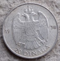Jugoszláv ezüst 20 Dínár 1938.