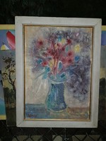Szignós virágcsendélet, vászon, 50x70+keret
