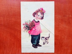 Régi különleges, festett névnapi képeslap, kislány cicával Orsolya 85 részére
