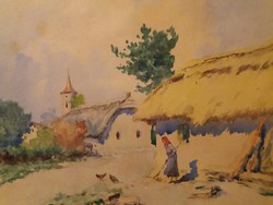 Neogrády Antal ( 1861-1942) alkotása: Falusi pillanatkép akvarell papír festmény kerettel