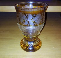 Antik Üveg Talpas Pohár Csiszolt Köszörült Méz Színű