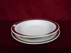 Lowland porcelain flat plate with gold border and burgundy pattern. Showcase quality. He has!