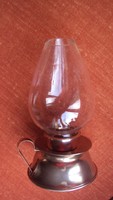 Hordozható üvegburás gyertyatartó,bronz fényű fémből + mintázott felületű sárgaréz hamutál.