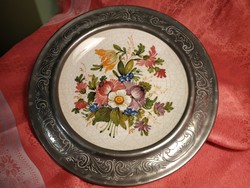 Antik kerámia tányér ón keretben