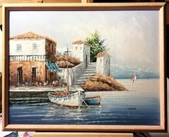 Adriai kikötő - Gyönyörű olajfestmény ( 46 x 36 )