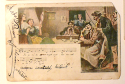 Üdvözlőlap, 1905 előtt: kocsmai jelenet cigányzenészekkel, magyar nótarészlettel