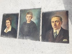 A PRICE!! 3 pcs Antique Oil Canvas Portrait Paintings by Szőke Győző (1899 -1974) Family