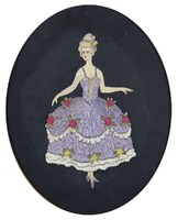 0Y936 Régi festett hímzett rokokó táncos hölgy