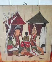 Afrikai piac- textil kép üvegezve, szignálva.