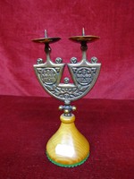 Double-branched copper candle holder with wooden base, height 16 cm. He has!