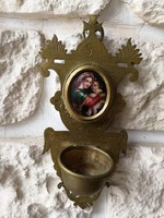 Régi réz szenteltvíztartó porcelán Mária kép falidísz.Kegytàrgy,hàzi àldàs, Raffaello Santi, festmén