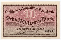Németország Bajorország 10 milliárd Márka, 1923, hajtatlan, szélén ragasztásból származó keskeny csí