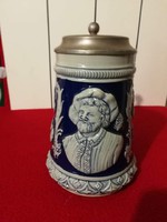 Beer mug with a tin lid, ceramic köo jug with a faience portrait