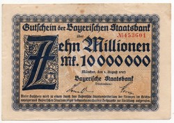 Németország Bajorország 10 millió inflációs Márka, 1923, szélén ragasztásból származó keskeny csík