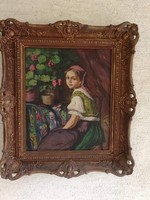 Bendéné Kovacsev Friderika Fiatal lány muskátlival  portréja olaj vászon festmény