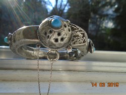 Hollóházi Tribal Museum Item, domed, slip-lock, hollow bracelet with turquoise stones